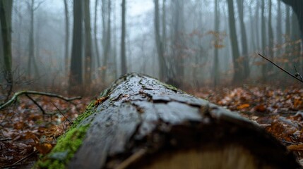Photograph of a foggy forest. the ground is covered in fallen leaves and twigs, and the trees in the background are shrouded in a thick fog.