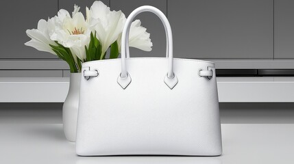 White Textured Handbag with White Tulips on Table