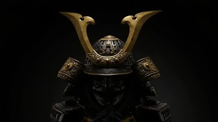 Intricately designed samurai armor with a golden helmet silhouette against a dark background