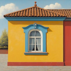 Yellow Building with Blue Window and Terracotta Roof Under Bright Sky