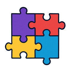 Obraz premium Flat lay of four interlocking puzzle pieces in bright colors symbolizing cooperation, connection, and problem-solving.