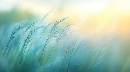 Blurred background of tall grasses at sunset with light blue and white ethereal sky, swaying wildflowers in gentle breeze conveying tranquility and harmony with nature in high-resolution photography