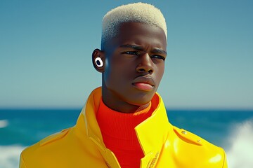 Young Man in Yellow Raincoat on Beach