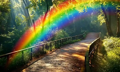 Magical Rainbow Arching Over Forest Path A Dreamlike Landscape Photography