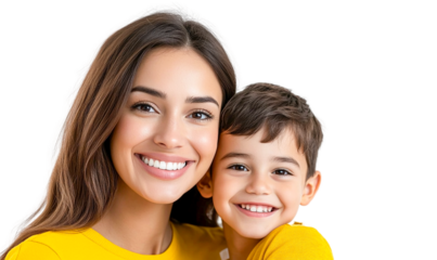 Happy mother and son smiling together, close-up portrait, transparent background