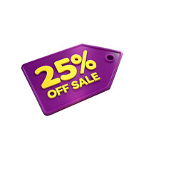 Purple 25 percent off sale tag isolated on transparent background