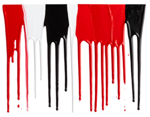 Abstract Dripping Red, Black, and White Ink Stains with Vertical Flow, isolated on a transparent background.