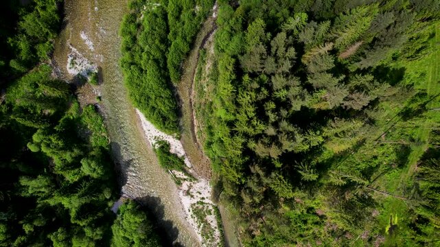Beautiful High Tatras and wild mountain river Bel&aacute; from drone perspective, high views, brathtaking Slovak nature, drone video.