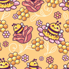 Seamless pattern cartoon of cute little bees in flowers and honeycombs. It is a kawaii character cartoon. Pattern design for wrapping paper, wallpaper and fashion prints.