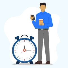 Time management, manage to finish project within deadline, productivity or efficiency on work, speed and urgency concept. Businessman standing on near big alarm clock withholding phone and coffee.