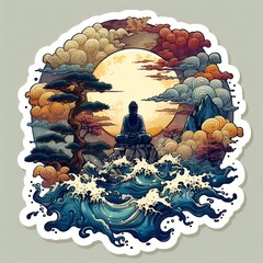 Japanese Wave Art with Sunset and Flowers in Fusion of Ukiyoe Style and Modern Illustration with Generative AI.