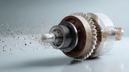 The rotating turbine model visually dissects into layers revealing turbines mechanisms and structural details. Ethereal particles drift away symbolizing the extraction of predictive