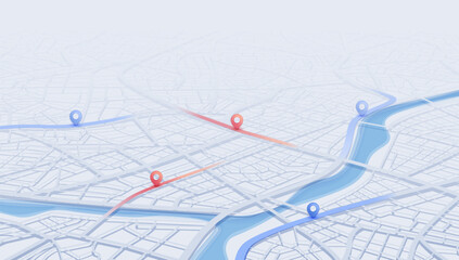 GPS navigation to pins and multiple markers on route. City map featuring directional signs, an intended goal point. Abstract plan highlights POI city streets. Vector illustration with designated route