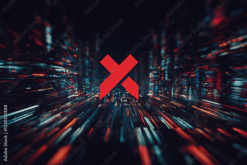 Poster Distorted User Interface With Red X Mark Against a Blurred Digital Backdrop Highlighting Technology Errors and System Issues