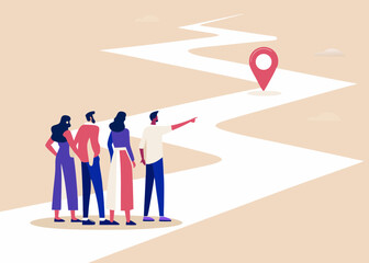 Team of Professionals Looking at a Path Leading to a Destination Representing Business Strategy and Future Goals Vector Illustration © Dibyendu