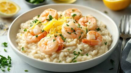 A white bowl of creamy risotto topped with plump, cooked shrimp and garnished with chopped parsley and lemon zest