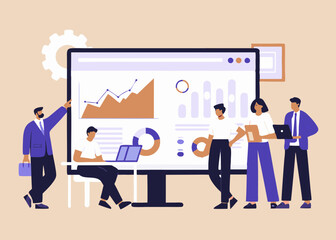 Business Team Analyzing Data Charts on a Large Screen Collaboration and Teamwork in the Workplace Vector Illustration