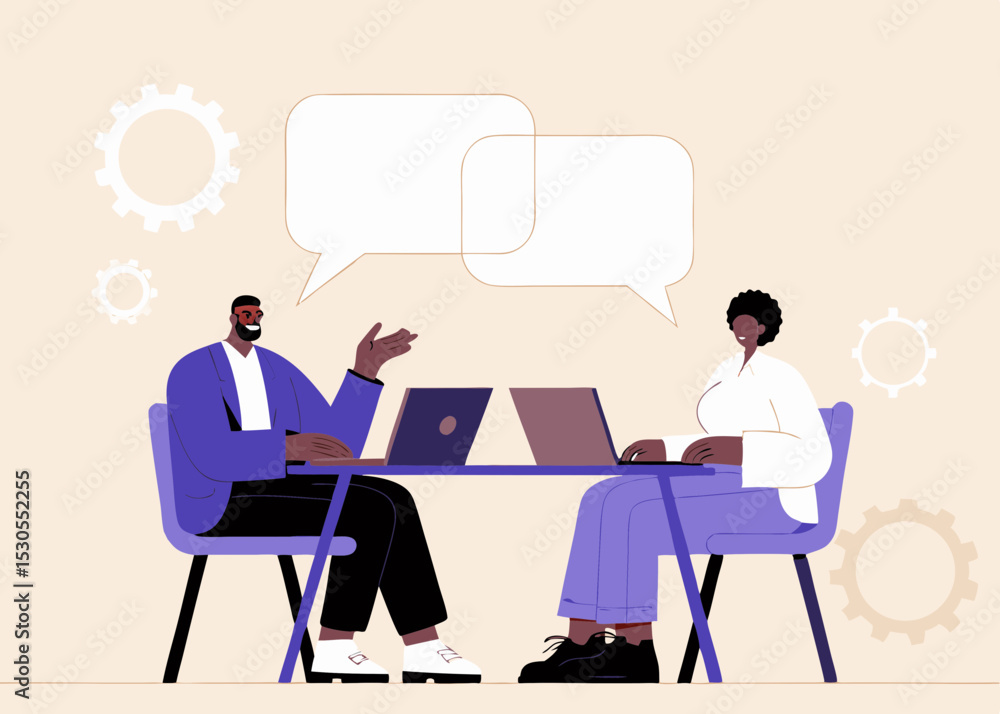 Poster two diverse professionals collaborating on laptops with speech bubbles representing teamwork communi