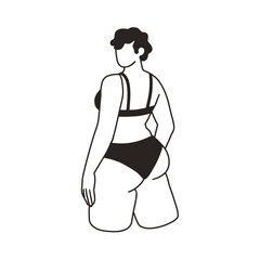 Woman in bikini from behind, back view. Female with curvy figure, body shape. Girl in lingerie, underwear, bra and panties on buttocks. Contoured flat vector illustration isolated on white background