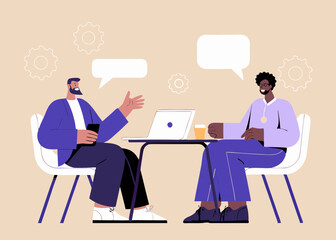 Two Businessmen Discussing Strategy at a Table with a Laptop and Coffee Speech Bubbles and Gear Icons