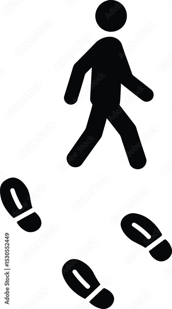 Poster a solid black icon showing a stick figure of a person walking, with three black footprints trailing 