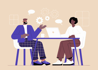 Diverse Business Professionals Collaborating at a Desk with Laptop and Gears Discussing Ideas and Problem Solving in a Modern Office