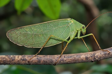 Fototapeta premium Green Grasshopper Sitting on a Branch in a Lush Forest Environment