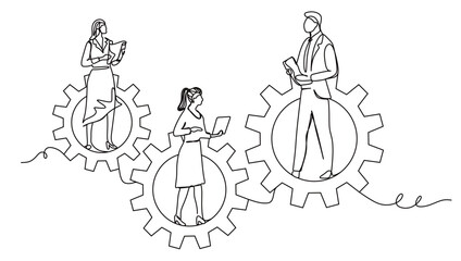 continuous single line art of a mechanism consisting of gears and various businessmen performing their respective tasks