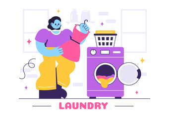 Laundry Room Vector Illustration Featuring Washing and Drying Machines, with a Basket Filled with Dirty Clothes in a Flat Style Cartoon Background