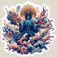 Japanese Wave Art with Sunset and Flowers in Fusion of Ukiyoe Style and Modern Illustration with Generative AI.