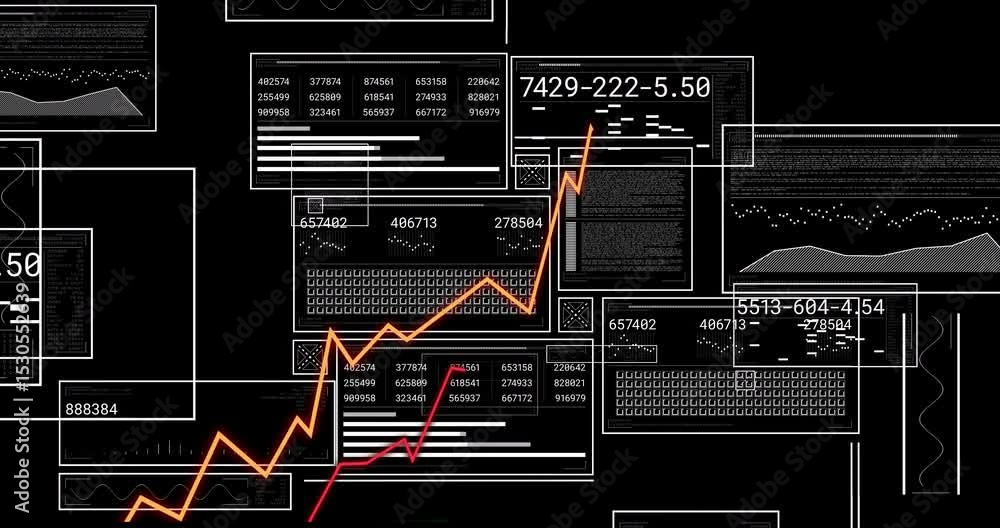 Poster jagged trend lines emerging left and weaving through panels, filling data and visualizing trends