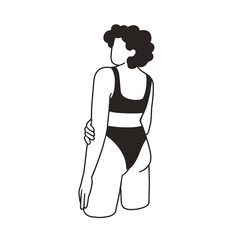 Woman from behind in bikini. Slim female figure in bra and panties, posing from back. Feminine silhouette, contoured body in underwear, lingerie. Flat vector illustration isolated on white background
