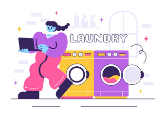 Laundry Room Vector Illustration Featuring Washing and Drying Machines, with a Basket Filled with Dirty Clothes in a Flat Style Cartoon Background