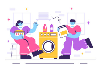 Laundry Room Vector Illustration Featuring Washing and Drying Machines, with a Basket Filled with Dirty Clothes in a Flat Style Cartoon Background