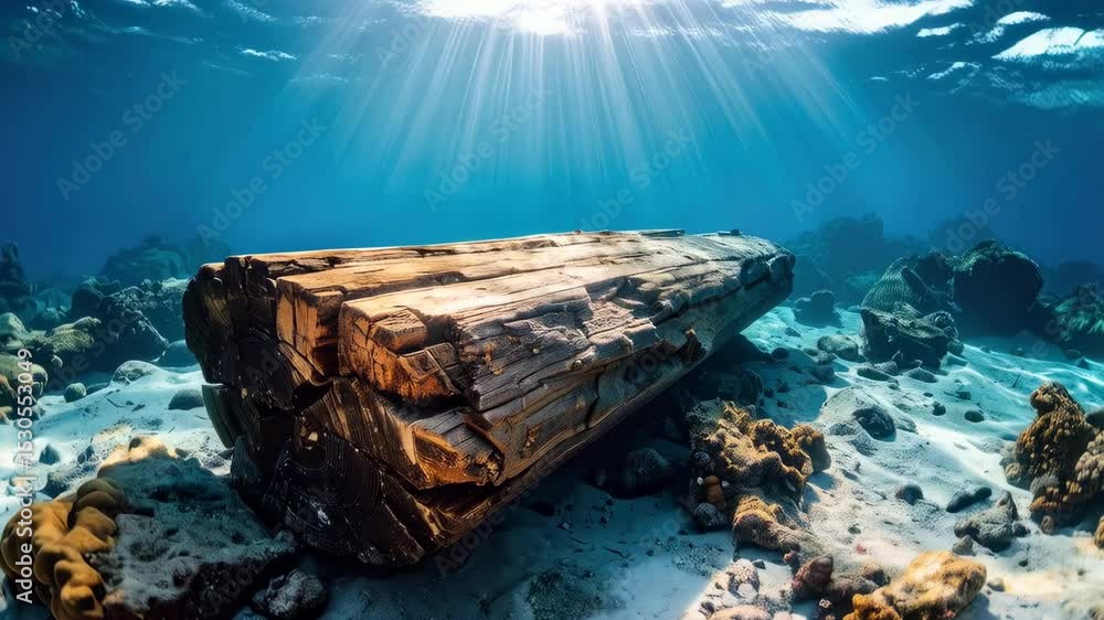 Poster sunlight streams onto weathered log resting on sandy seabed with coral and rocks in clear blue ocean