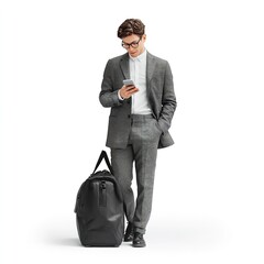 Man in suit using phone with travel bag isolated on white background business trip fashion style trendy look