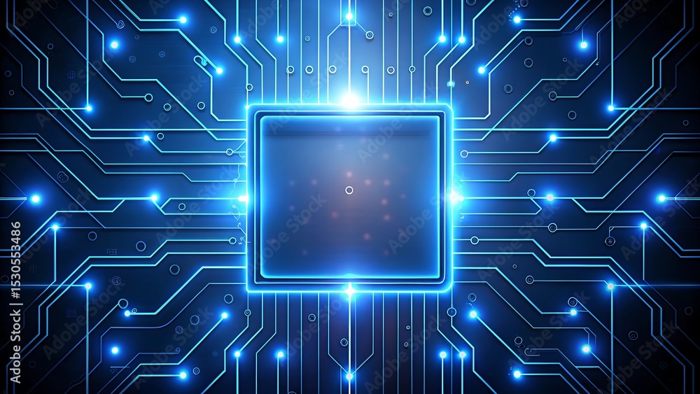 Poster glowing microchip core with radial electric connections symbolizing central processing power in digi