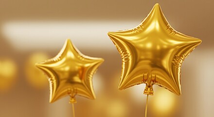 Two gold star balloons close up