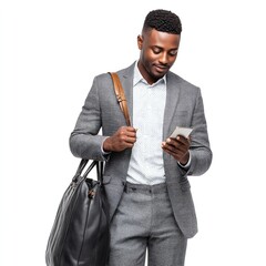 Stylish african american man in suit using smartphone with bag on white background for business use