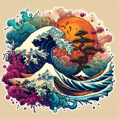 Japanese Wave Art with Sunset and Flowers in Fusion of Ukiyoe Style and Modern Illustration with Generative AI.