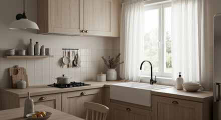 Serene Scandinavian Kitchen Interior with Natural Light and Minimalist Design