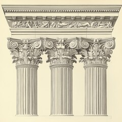 Fototapeta premium Detailed Architectural Drawing of Three Corinthian Columns with Entablature and Frieze