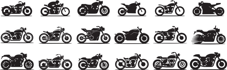 Motorcycle black outline vector silhouette icon set