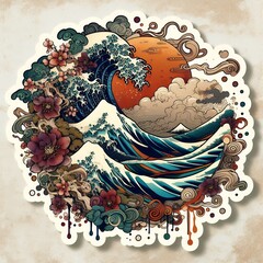 Japanese Wave Art with Sunset and Flowers in Fusion of Ukiyoe Style and Modern Illustration with Generative AI.