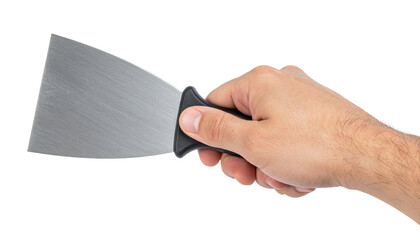 Metallic paint scraper held tightly, transparent backdrop highlighting professional tool prepared for renovation work