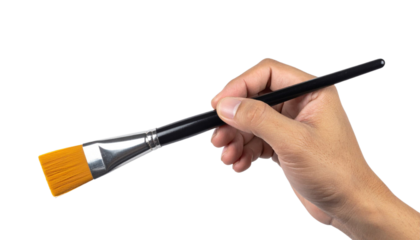 Hand holding paintbrush, preparing for artistic creation against transparent backdrop, ready to begin painting process