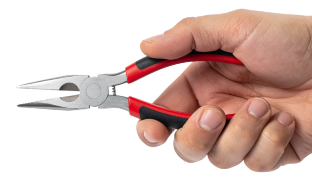 Close up of a worker's hand holding red and black needle nose pliers, isolated on a transparent background