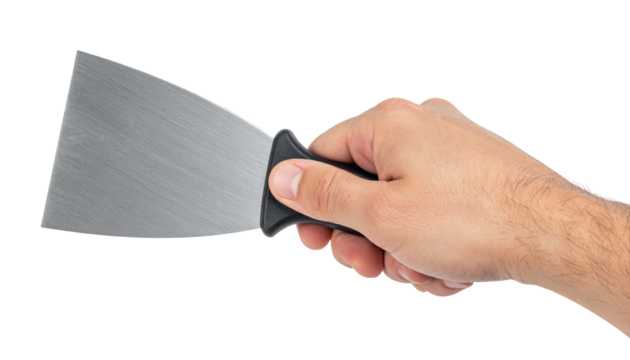 Metallic paint scraper held tightly, transparent backdrop highlighting professional tool prepared for renovation work