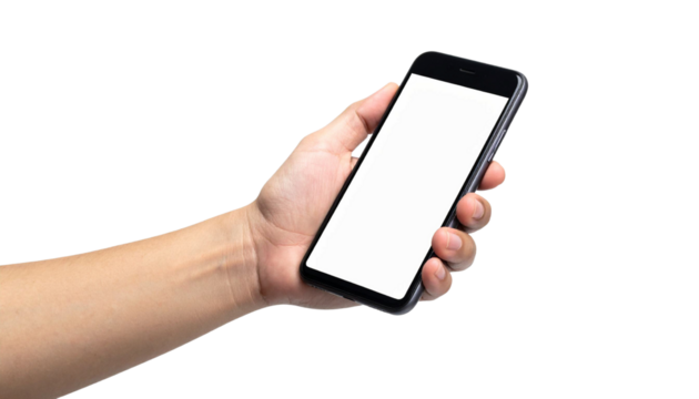 Close up of hand holding a modern smartphone with blank white screen, isolated on transparent background