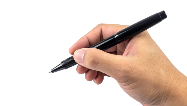 Writing hand gripping pen, poised against clear backdrop, preparing to document or sign